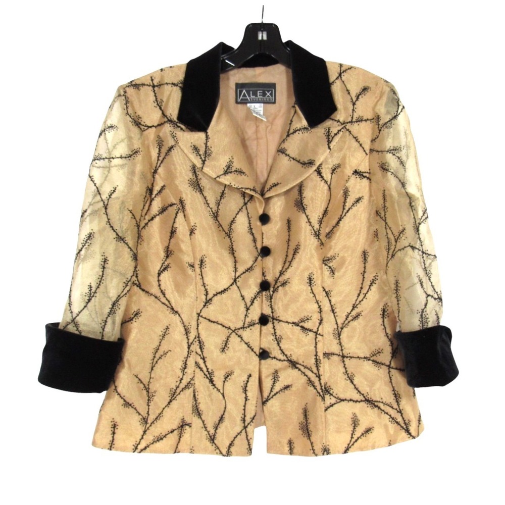 ALEX EVENINGS Gold w/BLACK VELVET BOTANICAL DESIGN Button-Up JACKET/BLOUSE Sz L